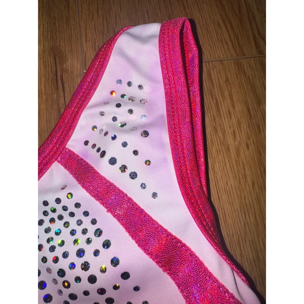 GK Elite Girls Gymnastics Leotard Pink White Ombre Rhinestone Sparkle Size CM